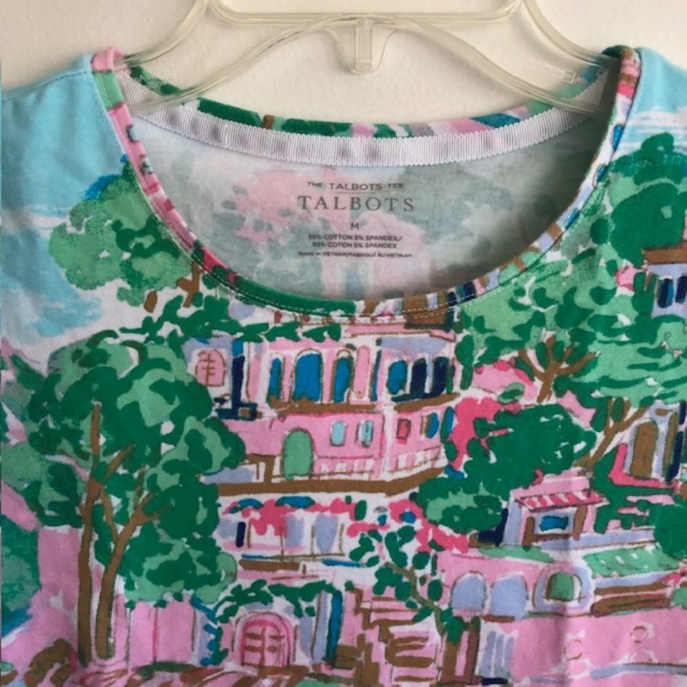 TALBOTS Scenic Mediterranean Tee Short Sleeve Crewneck Blue Pink - Picture 7 of 16